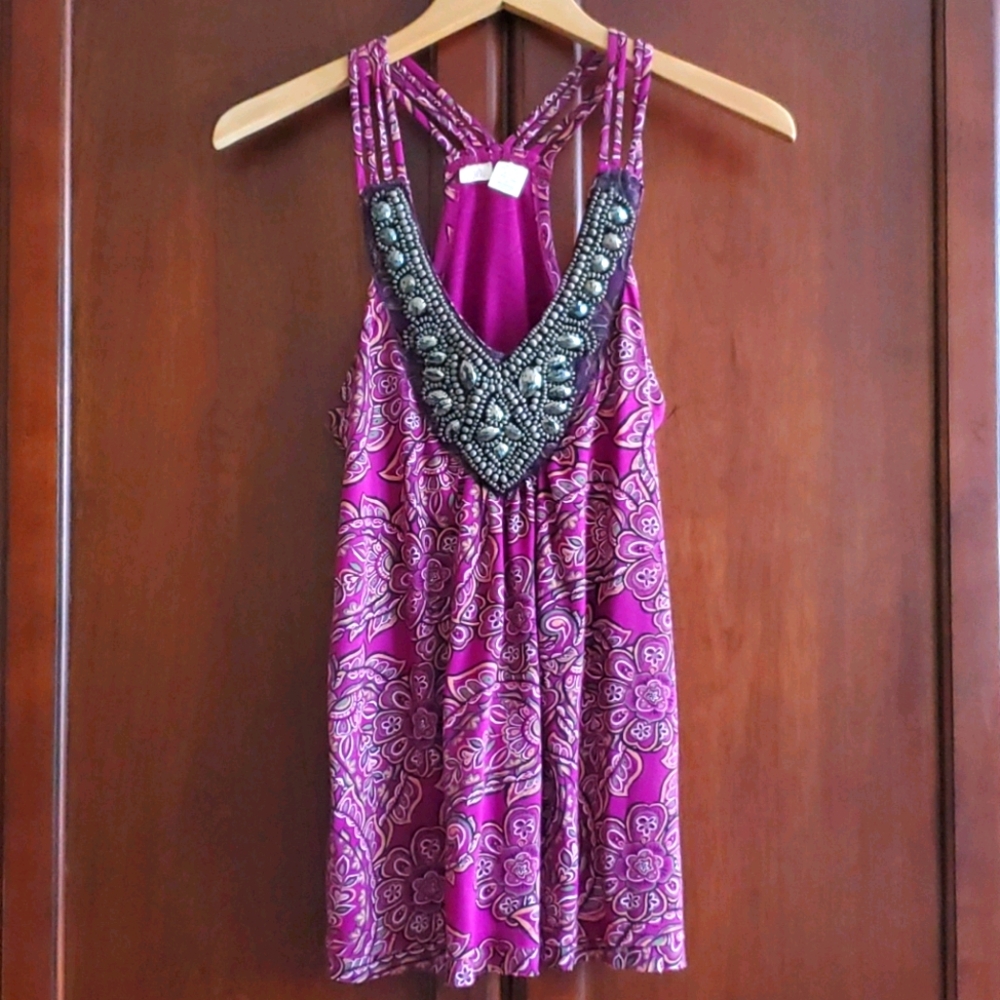 Girl Fuchsia Printed Beaded Top